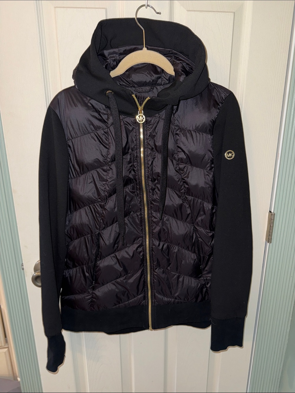 Michael Kors Black Quilted Hooded Puffer Jacket with Gold Accents